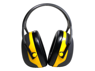 Isolated construction protective earmuffs for hearing protection. Cut out transparent png