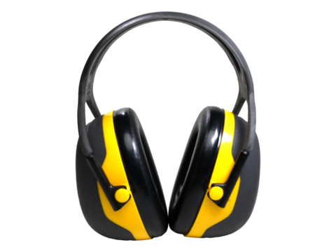 Isolated construction protective earmuffs for hearing protection. Cut out transparent png