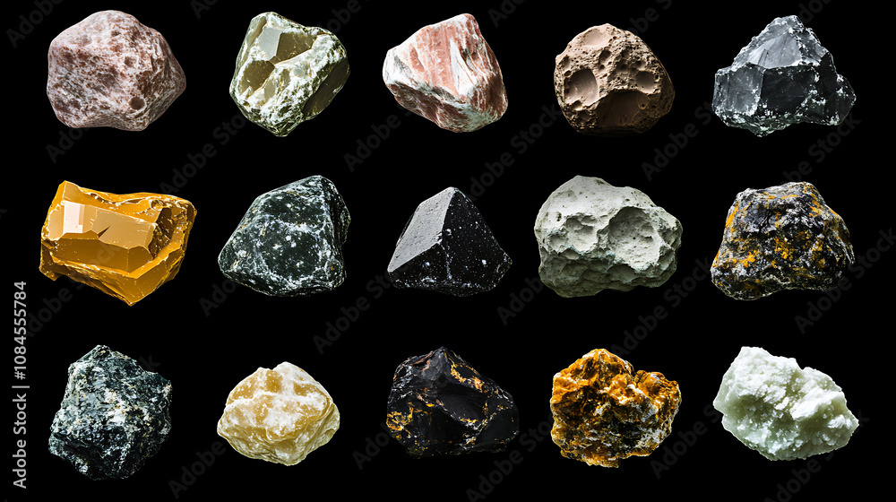 Poster Asteroids and meteorites set isolated on black background, clipping path included