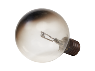 Isolated burnt out incandescent edison light bulb. Cut out transparent png