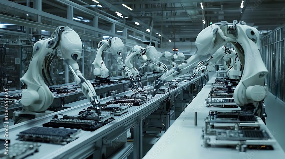 Leinwandbilder automated robotic arms assembling components in a high-tech electronics manufacturing facility