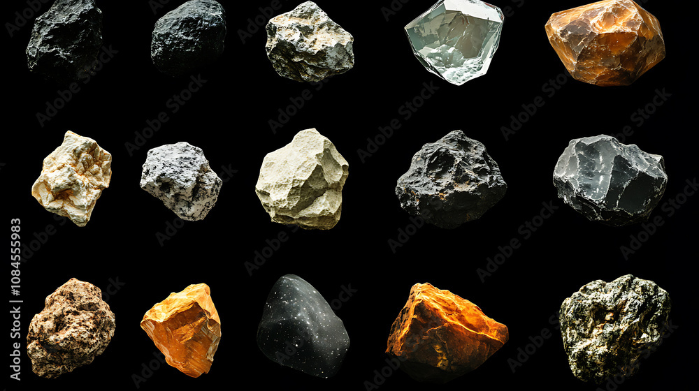 Poster Asteroids and meteorites set isolated on black background, clipping path included