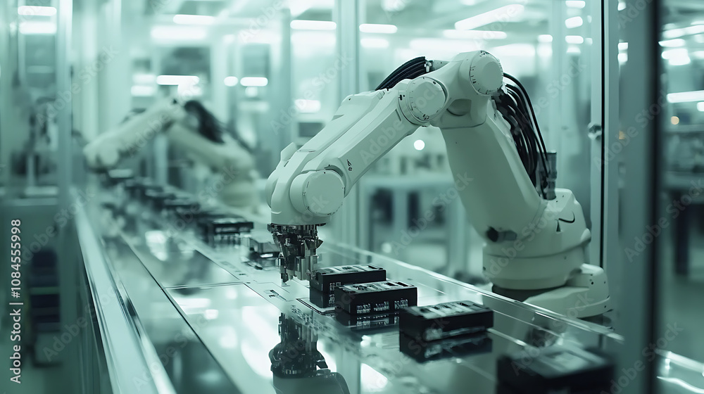 Aufkleber Automated robotic arms assembling components in a high-tech electronics manufacturing facility