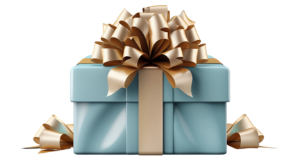 Flat icon of a gift box tied with a bright blue bow, representing simplicity and joy, isolated on transparent background.