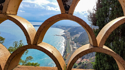 view of Taormina from the viewpoint from the botanical garden