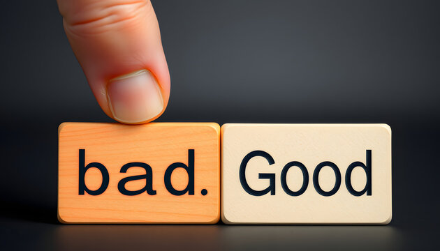 Finger turning bad and good text on wooden blocks. Good and bad habit concept isolated with white highlights, png