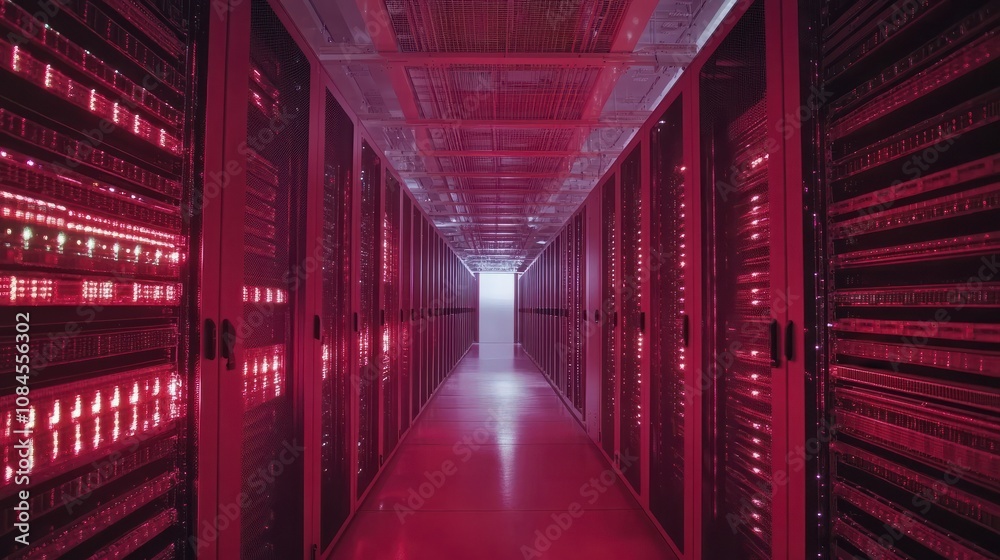 Poster high-tech server room data center with rows of computer racks storing vast amounts of information. m
