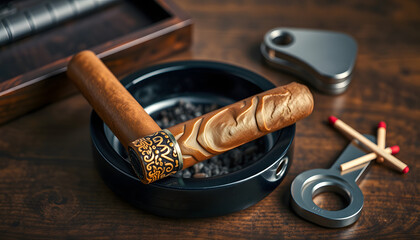 Brown cigar on a black ashtray. Vintage. Luxury. Bad habit. Smoking accessories on wooden background. A cigar humidor. Matches. Cutter isolated with white highlights, png