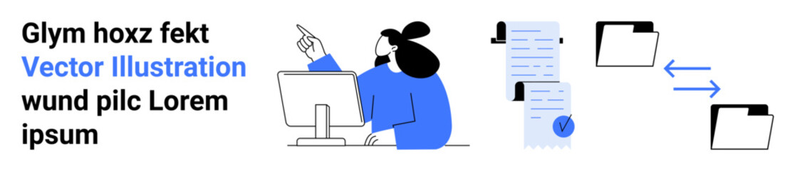 Office worker at desk with computer pointing at document. Documents and folders show data transfer. Ideal for workflow, efficiency, organization, data management, business processes, office tasks