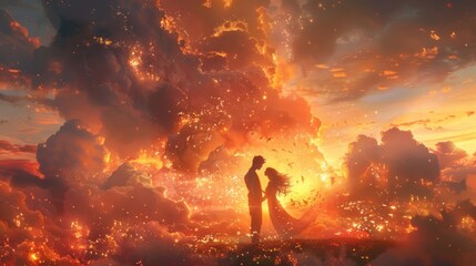 Fototapeta premium Silhouette of a couple holding hands against a fiery sunset sky.