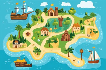 Treasure map, map for board game, sea, trees, flat vector, path, castles, ship, houses, for children