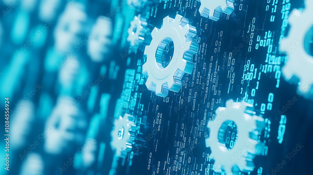 Poster Blue background with white gears and binary code representing digital technology for industrial control system design in industry