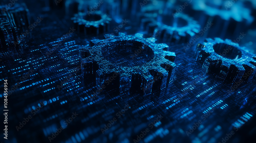 Poster Blue gear faded outline on digital background with binary code and abstract tech elements for technology or machine concept