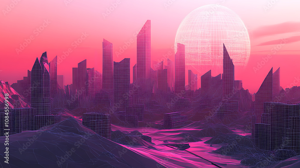 Poster futuristic digital landscape with wireframe background