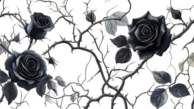 Black roses with ivy, vines and thorns on white, romance concept illustration