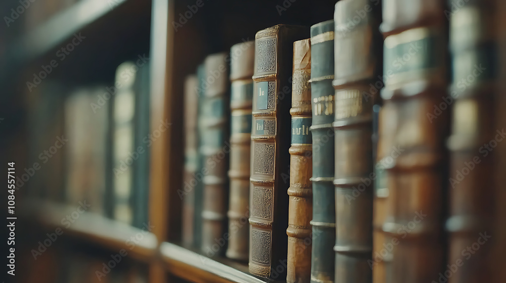 Poster The blurred image of many old books on a library shelf captures the essence of a world filled with stories and knowledge waiting to be discovered