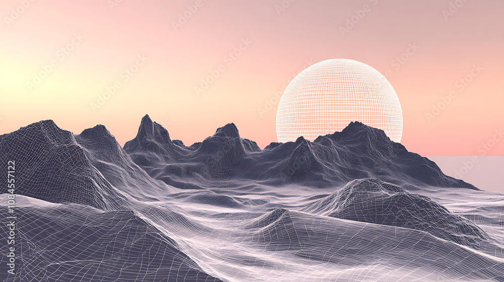 Poster futuristic digital landscape with wireframe background