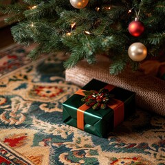 Photo of beautifully wrapped Christmas presents under a green tree with colorful decorations to celebrate the holidays and winter.