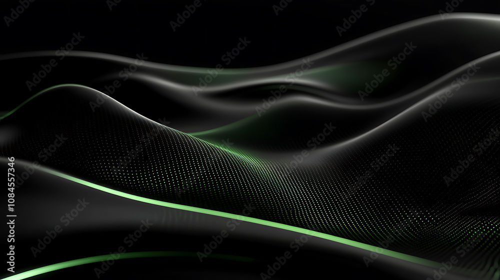 Poster Combining black and green, this dark background features a gradient light effect with a metallic texture and soft tech lines, creating a sleek abstract design