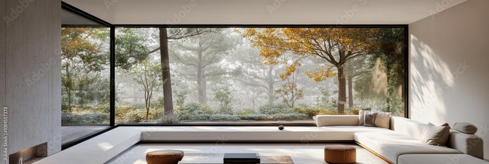 Aufkleber Bright and inviting living room features large windows that open up to a serene view of autumn trees, creating a peaceful atmosphere. Generative AI