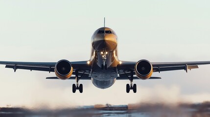 Naklejka premium Front view of a commercial airplane landing on a runway with landing gear extended and engine lights on, captured during daylight with a clear sky background.