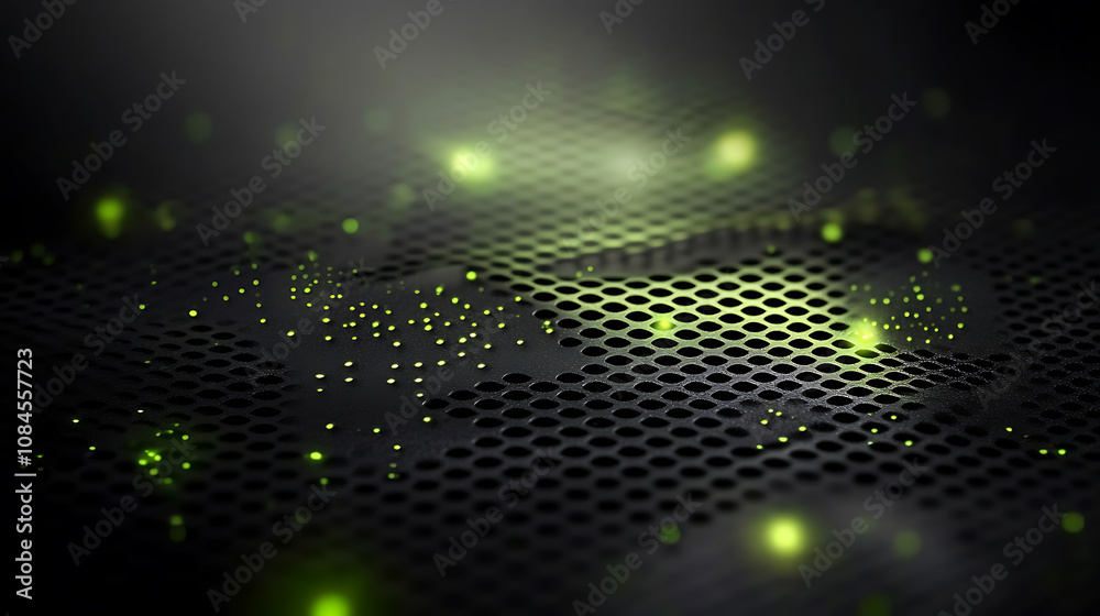 Poster Combining black and green, this dark background features a gradient light effect with a metallic texture and soft tech lines, creating a sleek abstract design