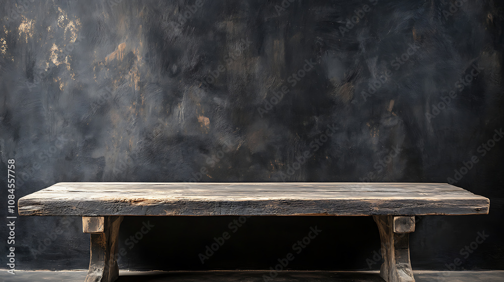 Aufkleber empty old wood table and black background for product display presentation with dark concrete wall, 