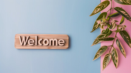 Wooden "Welcome" sign with decorative leaves, symbolizing hospitality, warmth, and inviting atmospheres.