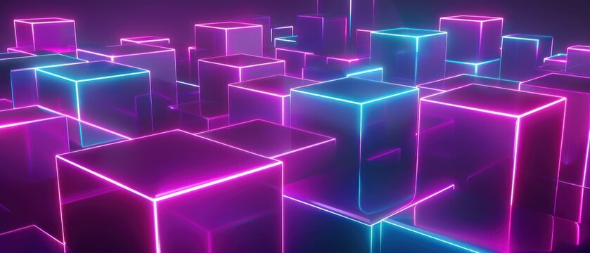 Fototapeta A vibrant, abstract scene of glowing neon cubes in a digital landscape.