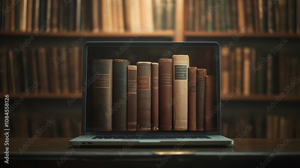 Poster the transition from traditional books to digital formats is depicted in a laptop, highlighting the d