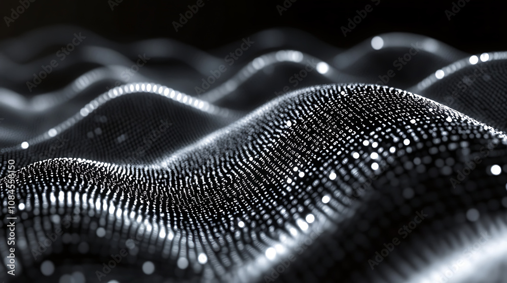 Fototapete Cinematic dark black background with binary code waves The wave pattern is made of white numbers on the surface