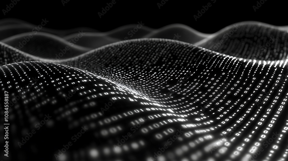 Aufkleber Cinematic dark black background with binary code waves The wave pattern is made of white numbers on the surface