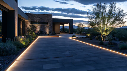 The driveway of an upscale home in Arizona at dusk, with LED lights illuminating the paved area leading to the front door