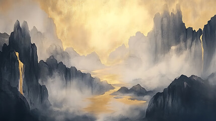 Fototapeta premium Chinese Ink Wash Painting of Misty Mountains, Abstract Landscape with Gold Texture