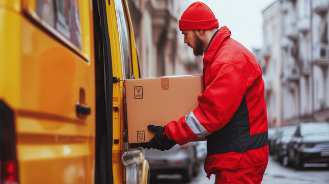 Zusteller der Post in Deutschland liefert Pakete mit Weihnachtsgeschenken aus