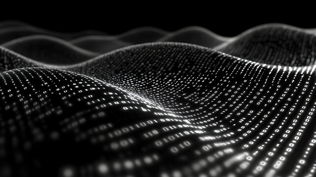 Cinematic dark black background with binary code waves The wave pattern is made of white numbers on the surface