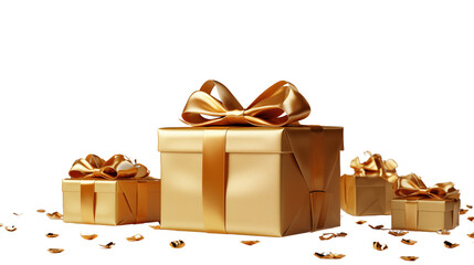 A golden gift box floats gracefully, capturing the magic of Christmas in mid-air, isolated on transparent background.
