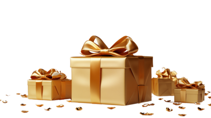 A golden gift box floats gracefully, capturing the magic of Christmas in mid-air, isolated on transparent background.