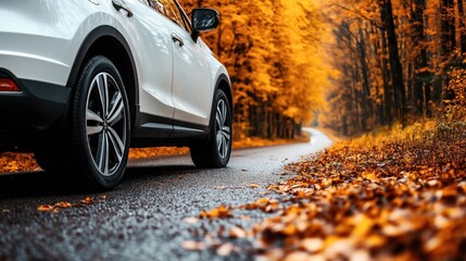 Close-up of a white SUV driving on a road surrounded by autumn trees with orange leaves and wet pavement.