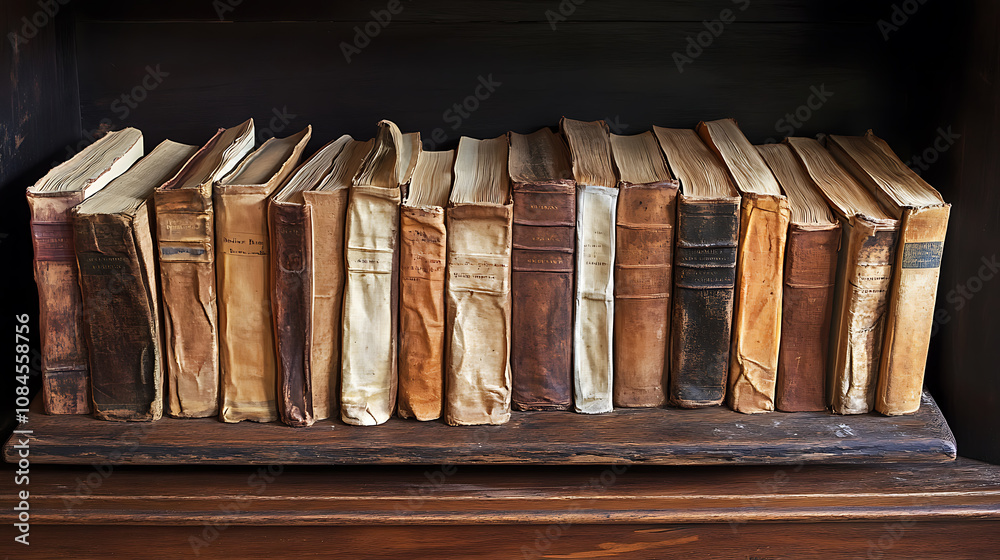 Poster time-worn volumes rest on a wooden shelf, each crease and fold a testament to their journey through 