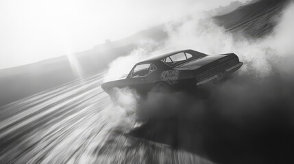 A classic muscle car drifts on a dusty road, leaving a trail of smoke behind it. The car is in motion, and the background is blurred due to the speed.