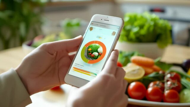Woman using a smartphone app to track calories and nutrients, promoting a healthy lifestyle with fresh vegetables in the foreground