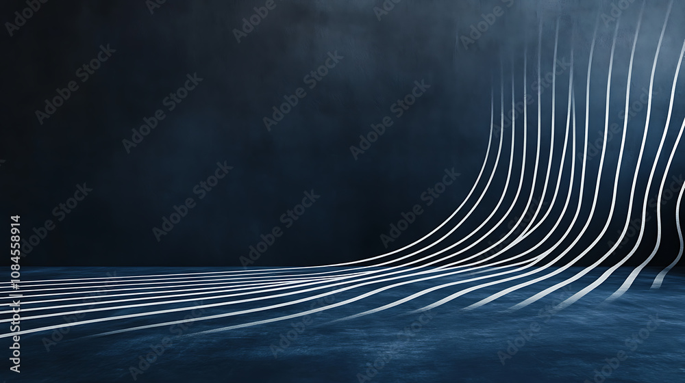 Poster abstract black background with white lines in the shape of stripes on a dark blue floor