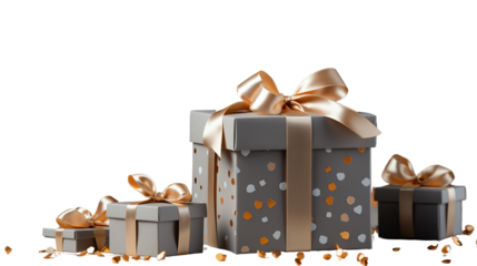 A stylish gray gift box with scattered confetti, ideal for elegant gifting, isolated on transparent background.