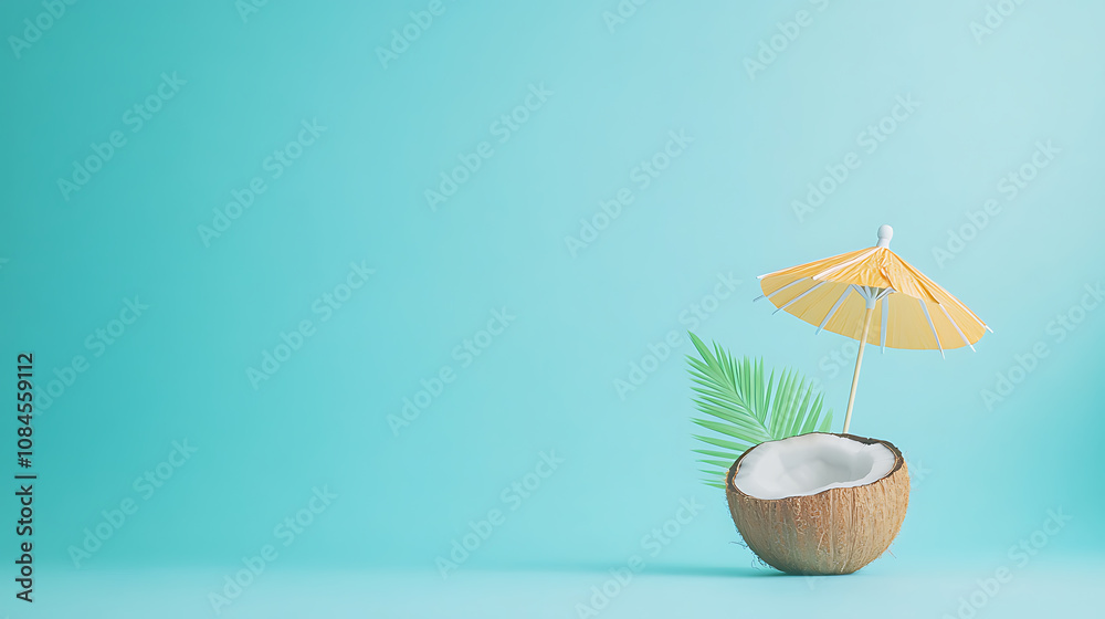 Poster minimalist plain cyan background for product photography with a floating coconut and cocktail umbrel
