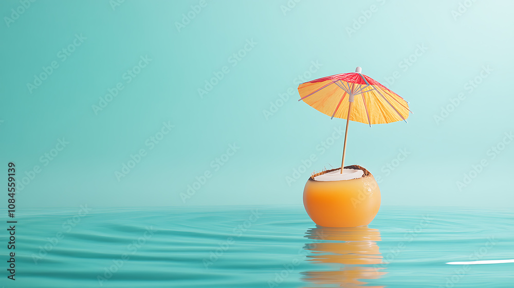 Poster minimalist plain cyan background for product photography with a floating coconut and cocktail umbrel