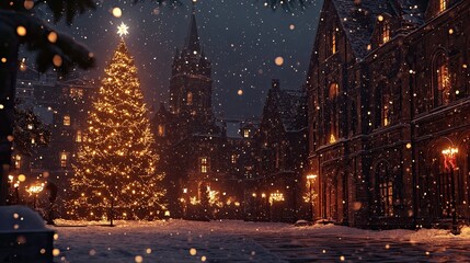 Photo of a beautiful winter night with a twinkling Christmas tree and holiday lights sparkling amidst falling snow.