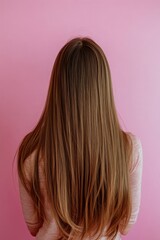 Fototapeta premium Smooth and glossy hair against a plain pink background highlighting a beautiful hairstyle