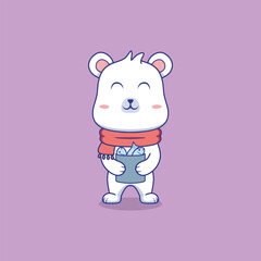 Cute Polar Bear Holding Fish  Vector Icon Illustration.