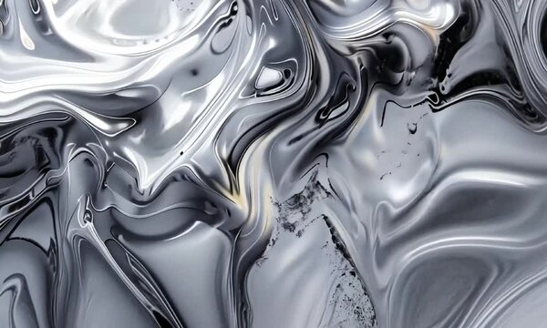 Swirling metallic silver and gray pattern video animation, ai generated. Fluid forms, shiny texture abstract animated footage HD clip seamless motion graphics. Sleek futuristic aesthetic concept